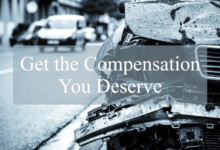 Close-up of a damaged car after an accident with text overlay “Get the Compensation You Deserve