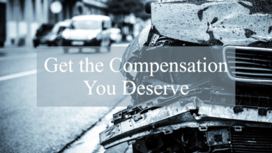 Close-up of a damaged car after an accident with text overlay “Get the Compensation You Deserve