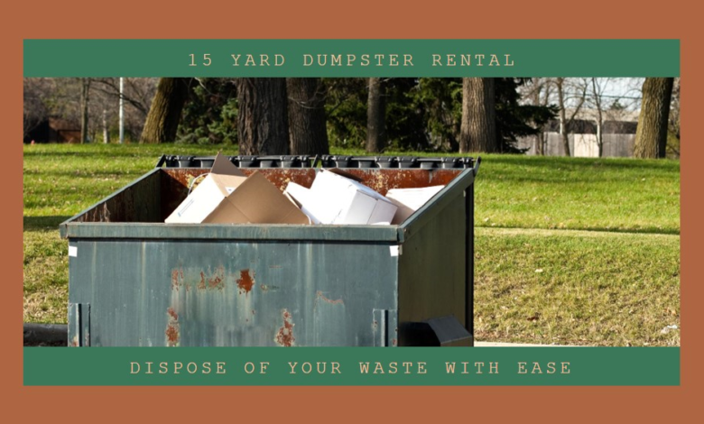 A 15-yard green dumpster filled with cardboard on a grassy field indicating rental services for easy waste disposal.